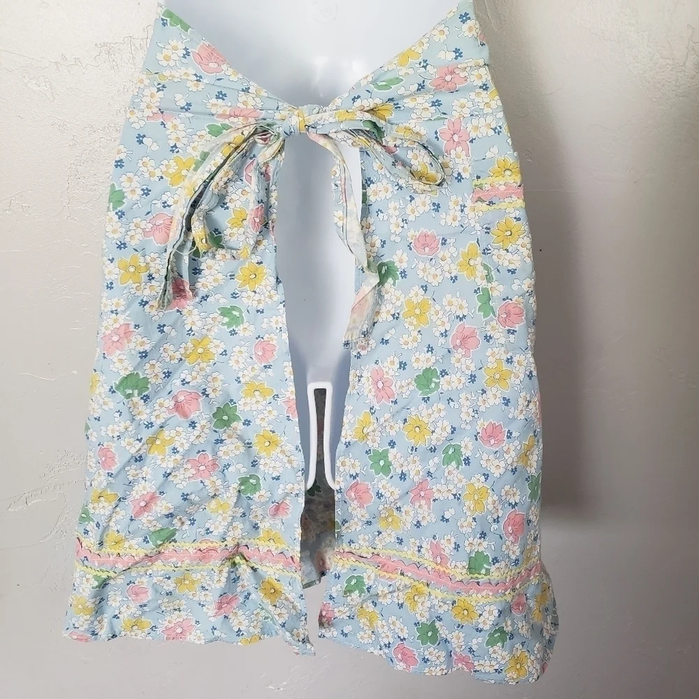 Vintage Handmade Skirt Waist Apron Floral Print Ric-Rac Pink Blue Yellow Green